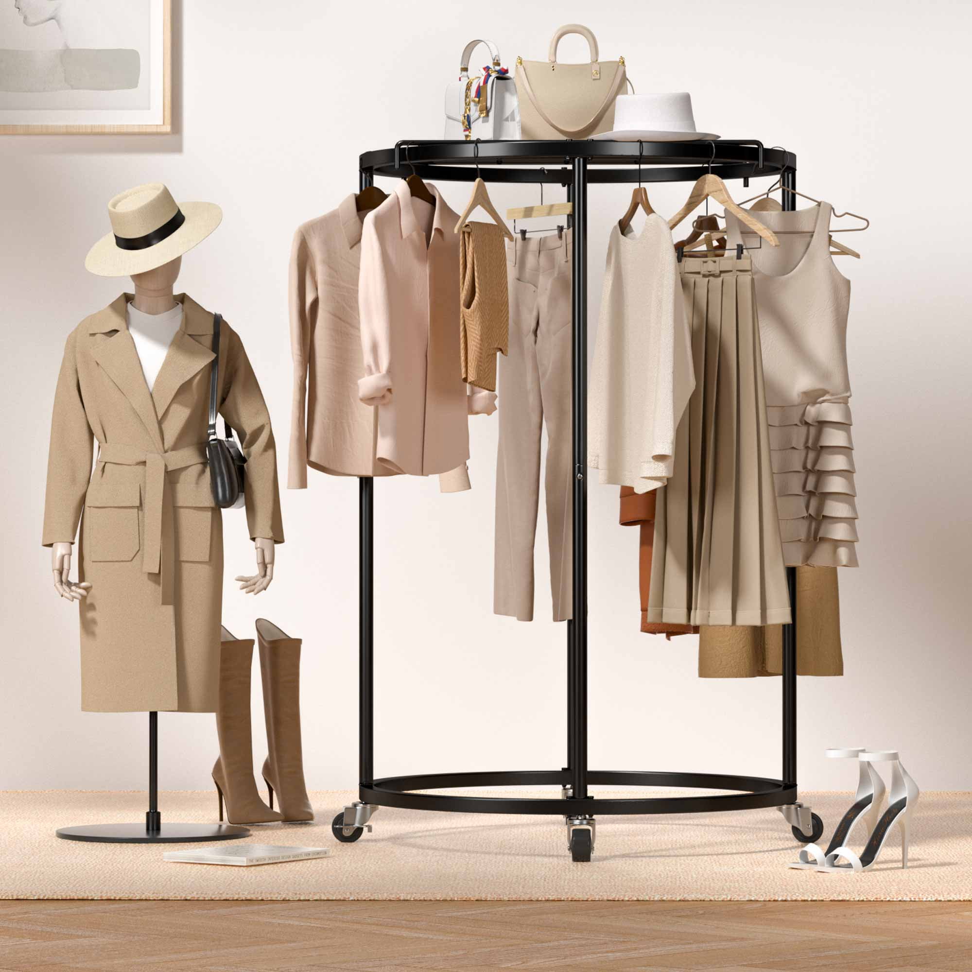 Nefoso Clothing Garment Rack Round Clothes Rack with 4 Universal