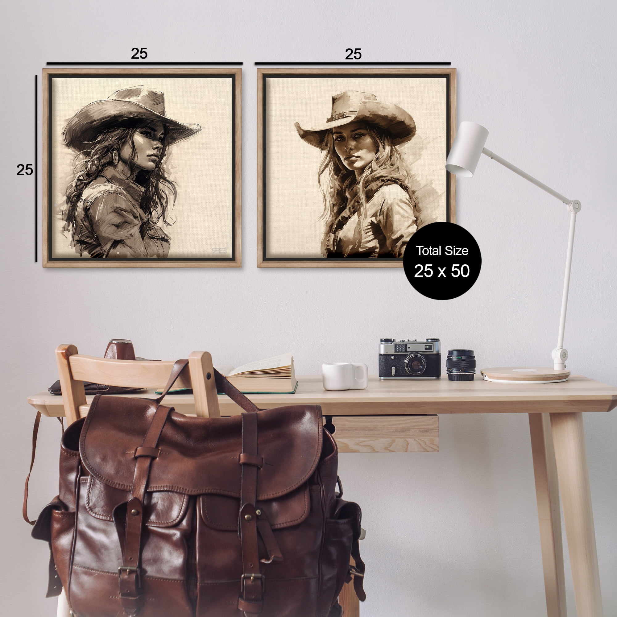 Stupell Industries Trendy Cowgirl Beauties People Painting Brown Floater Framed Canvas Art Print Wall Art, 25 x 25, Set of 2
