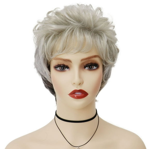 Short Curly Wigs for Elderly Women in Heat Resistant Synthetic Hair Petite Size Ombre Grey Wig with Bangs