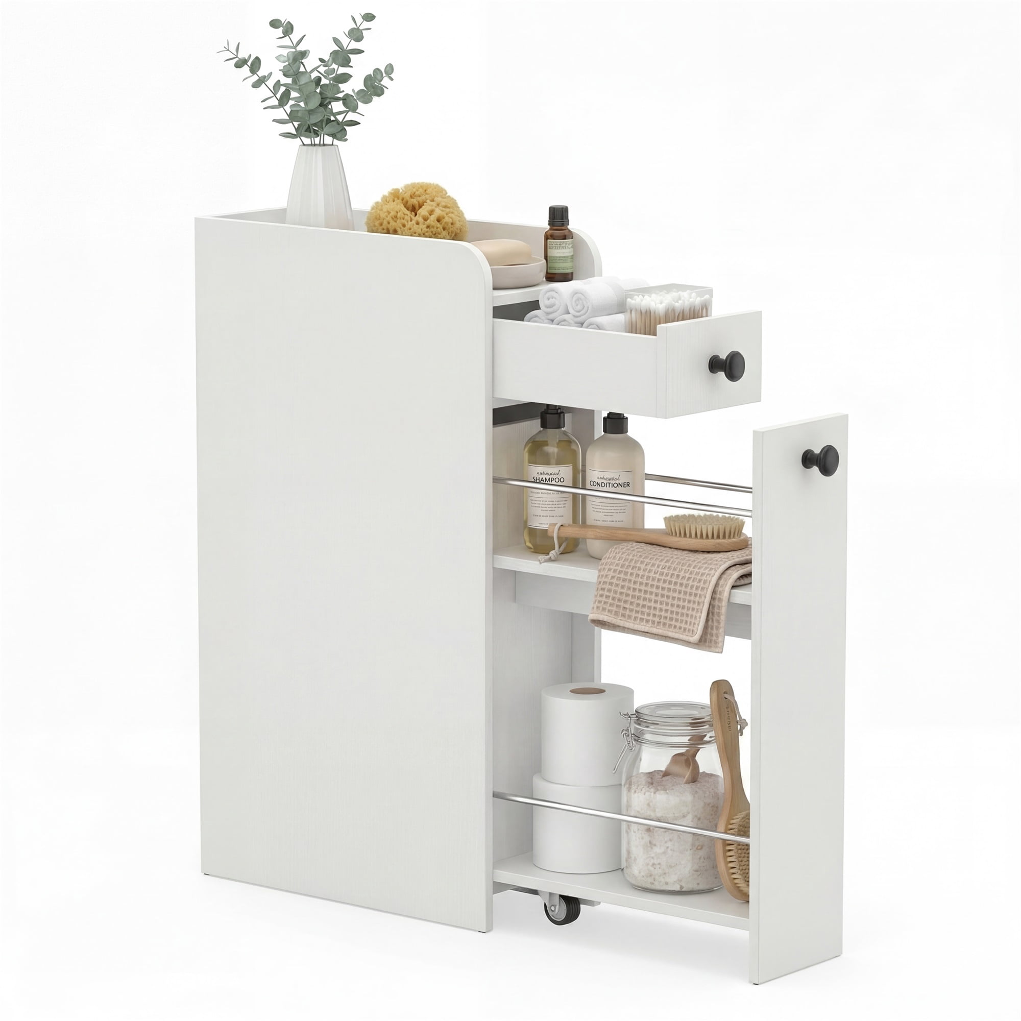 ELLEGNT Bathroom Storage Cabinet on Rolling Wheels – Slim Design, Slide-Out Drawer, Spacious Top, White