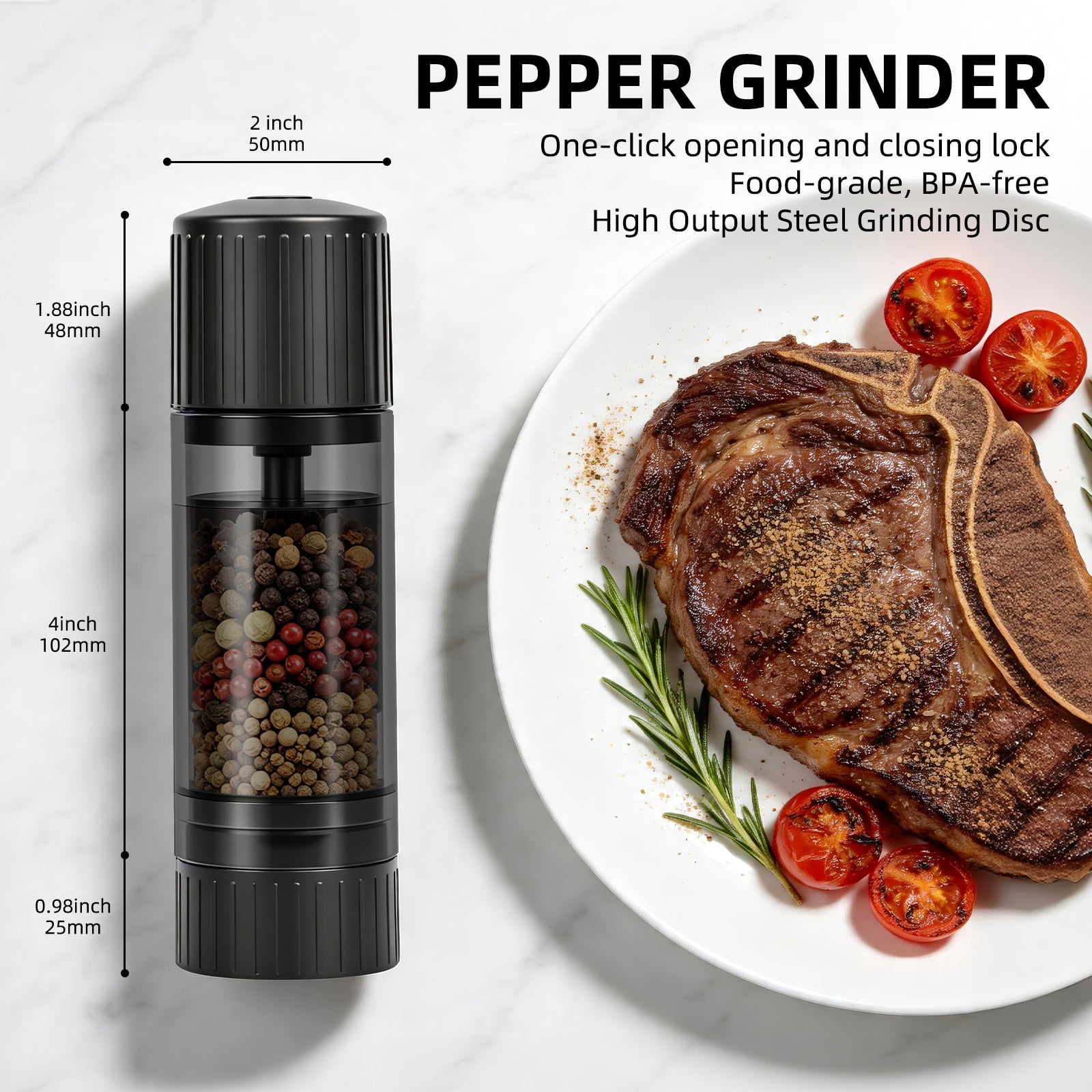 AstuteAuk High Output Pepper Mills with Magnetic Base, Adjustable Coarseness Manual Pepper Grinder with Lock, Stainless Steel Burr,