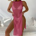 thumbnail image 6 of Xuhomer Summer Cover Ups for Women Knitted Hollow Short Sleeve High Neck Crochet Split Beach Cover Up Bikini Swimsuits Bathing Suits Sunscreen Cover Swimsuit Cover-up Dress Hot Pink Free Size, 6 of 7