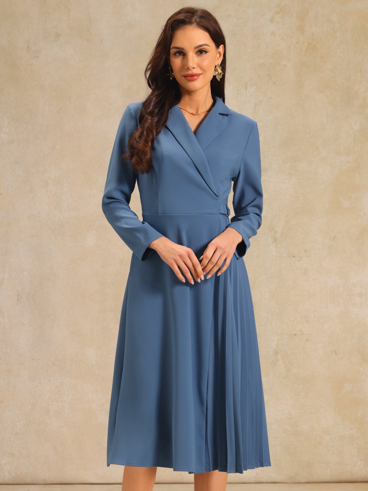 DARING DIVA Wrap A-Line Pleated Midi Long Sleev Dress M Blue