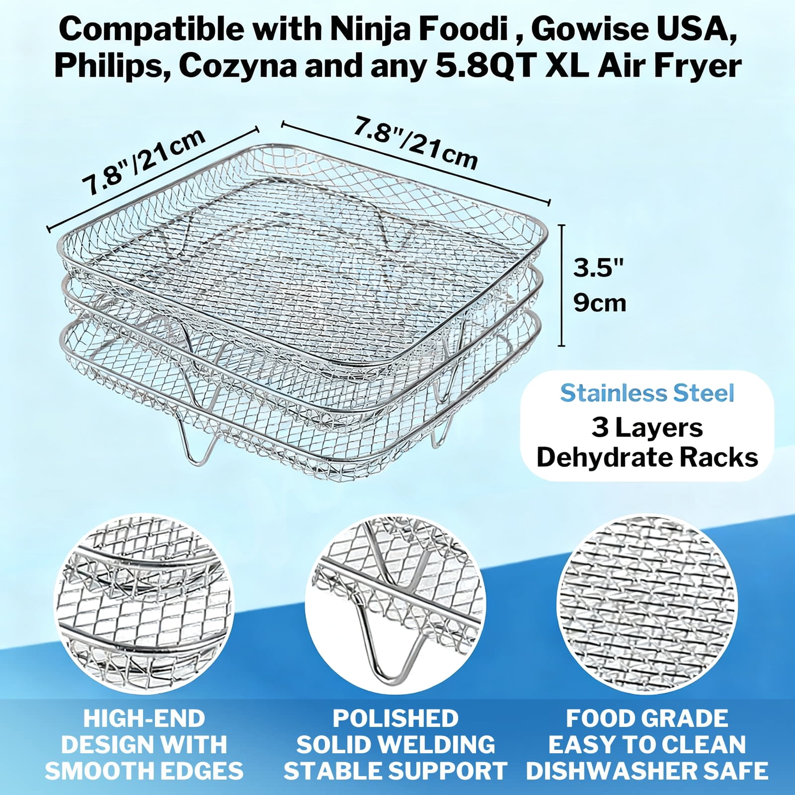 CHENALIN Air Fryer Accessories, 3 Stackable Dehydrator Racks, 304 Stainless Steel For Air Fryer and Oven, 8 Inch Square