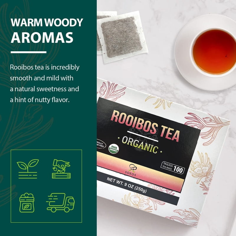 Soeos Organic Rooibos Tea,100 Teabag, 9oz (250g), 2 Packs, Total Weight of 18 oz (500g)