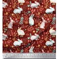 thumbnail image 1 of Soimoi Red Silk Fabric Leaves & Rabbit Animal Print Fabric by the Yard 42 Inch Wide, 1 of 3
