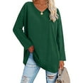 thumbnail image 2 of Camiseta de manga larga para mujer Ticfox Cuello en V gran tamaño Color sólido Transpirable Suave Verde M, 2 of 6