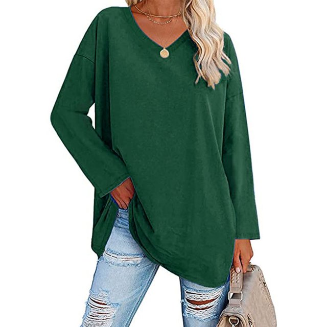 Camiseta de manga larga para mujer Cuello en V de gran tamaño Color sólido Transpirable Suave para uso diario