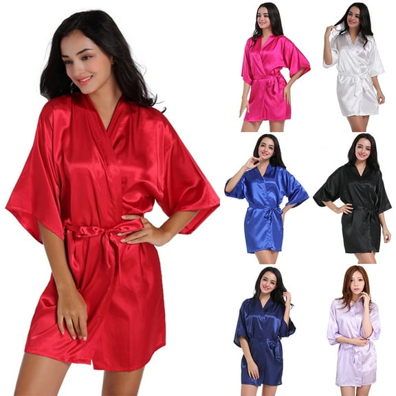 Dengjunhu Women Satin Robes Sexy Silky Bathrobe Lace V-Neck Bridesmaid Bride Party Robe Soft Sleepwear
