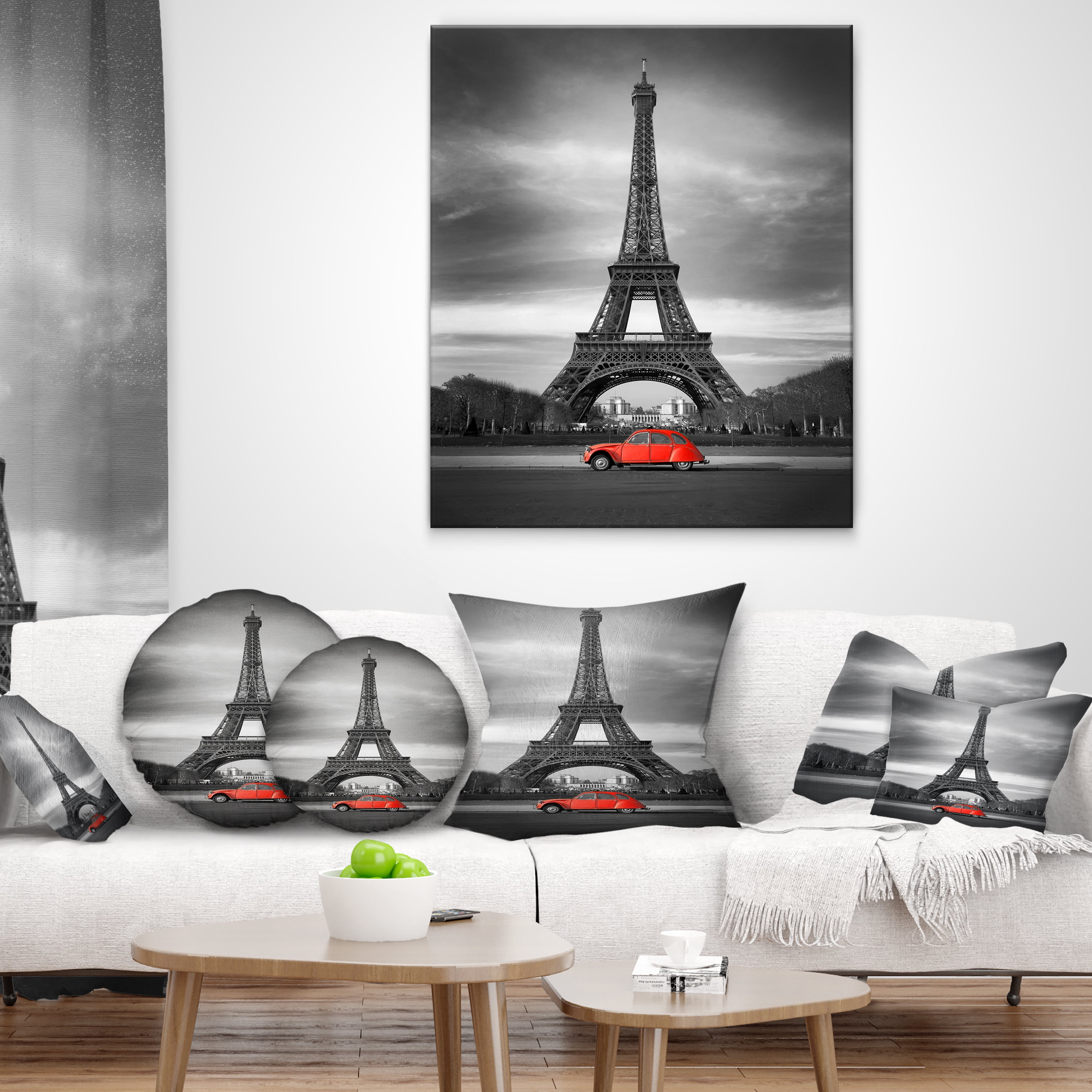 Designart Eiffel and Old Red Car - Landscape Printed Throw Pillow - 16x16