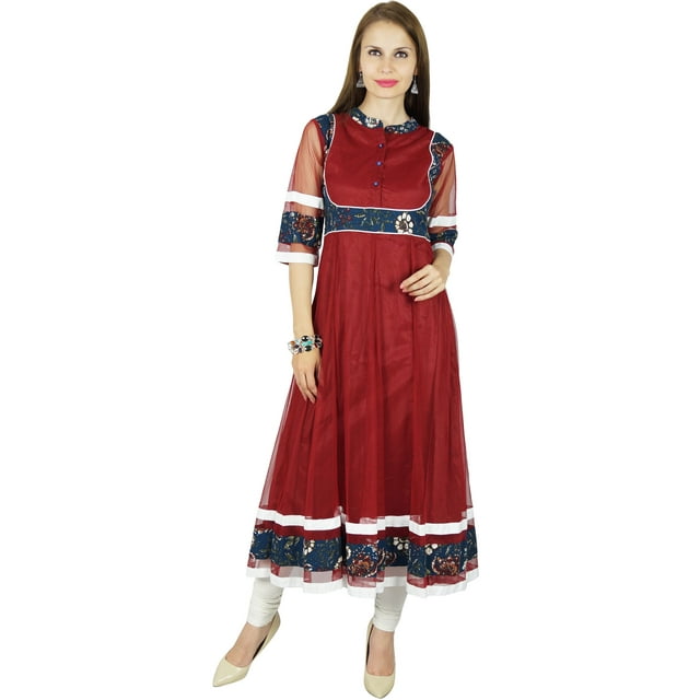 Bimba Kurti Anarkali Longue Évasée pour Femmes Kurta Indienne Blouse Classique Indienne - Bordeaux