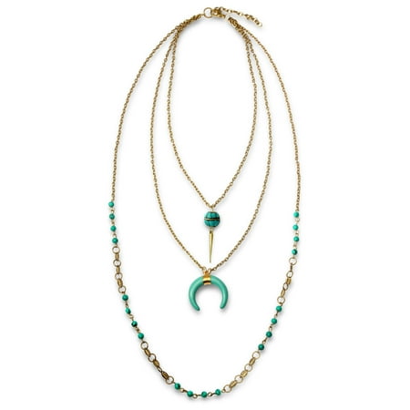 Beaded Turquoise Jewelry Set Boho Style Crescent Moon Horn Multi Layer Necklace For Teen For Women Stabilized Turquoise Bead Oxidized Gold Plated ()
