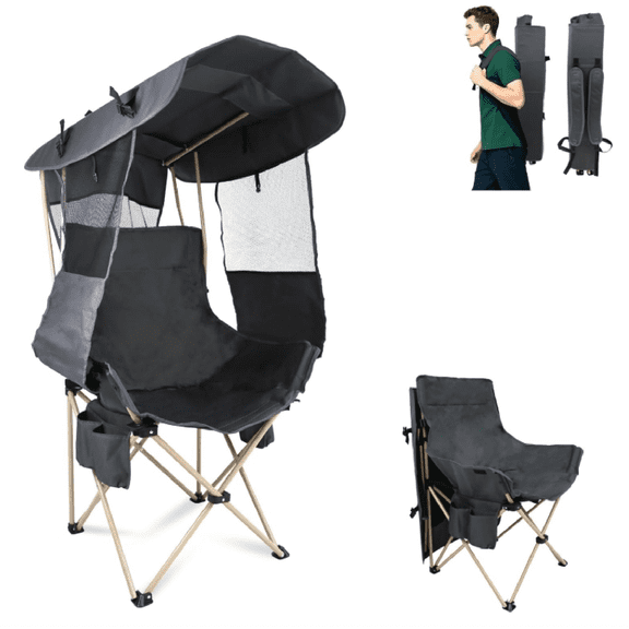 Sports Portable Beach Chair with Canopy-Lawn Beach Chairs with Umbrella for Adults-Camping Chair with Shade for Fishing Camp Heavy Duty (Regular, Grey)