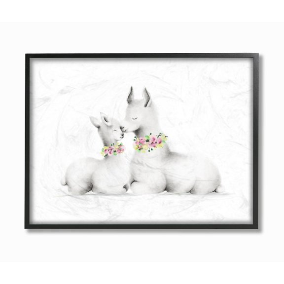 The Kids Room by Stupell Cute Cartoon Baby Llama And Mama Family Flowers Farm Animal Painting Framed Giclee Texturized Art by Studio Q by Studio Q