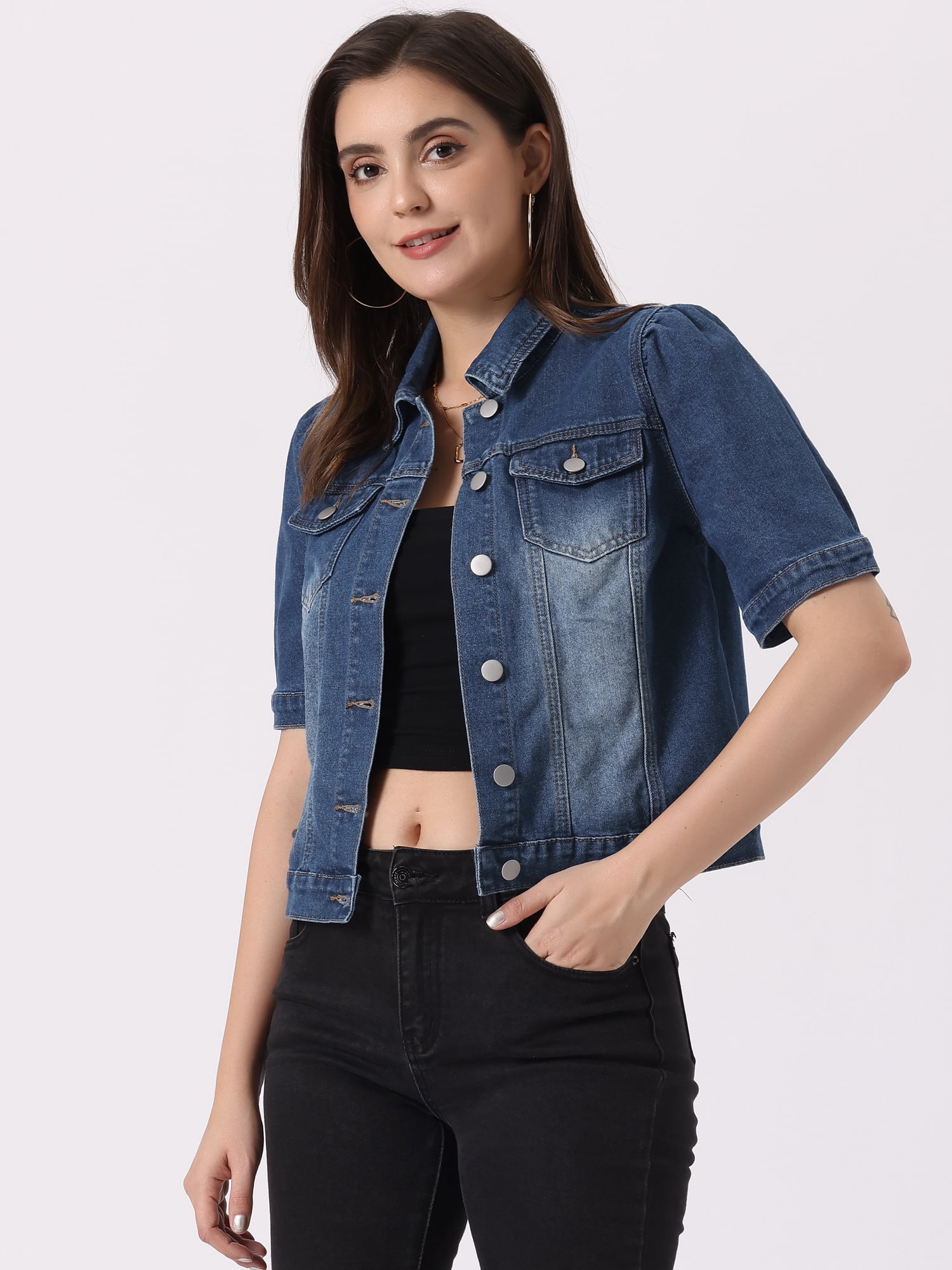 DARING DIVA Women's Short Puff Sleeves Button-Down Denim Jacket M Blue