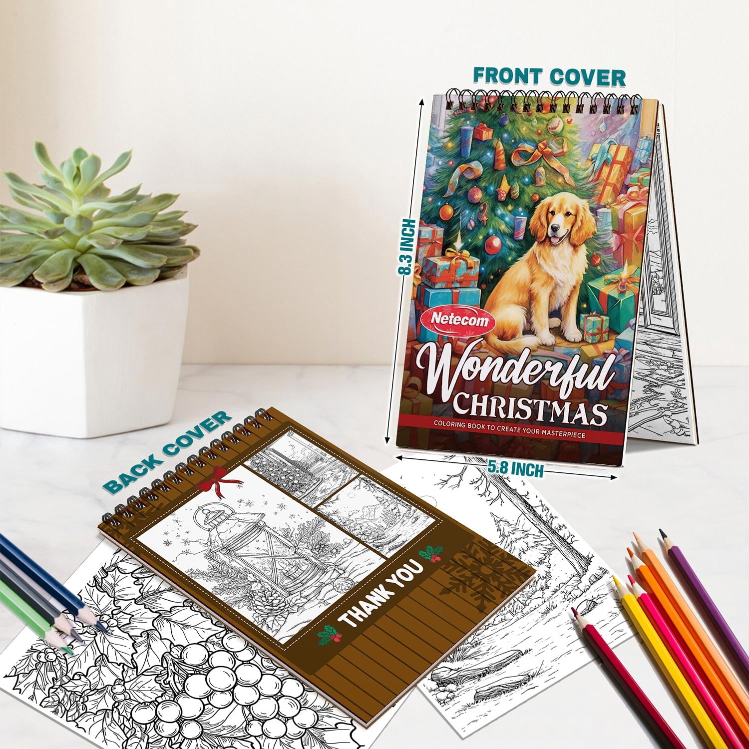 Netecom Wonderful Christmas Coloring Book Spiral Bound For Adults, A5 Wooden Cover, 30 Charming Coloring Pages of Holiday Decorations for Stress Relief and Relaxation