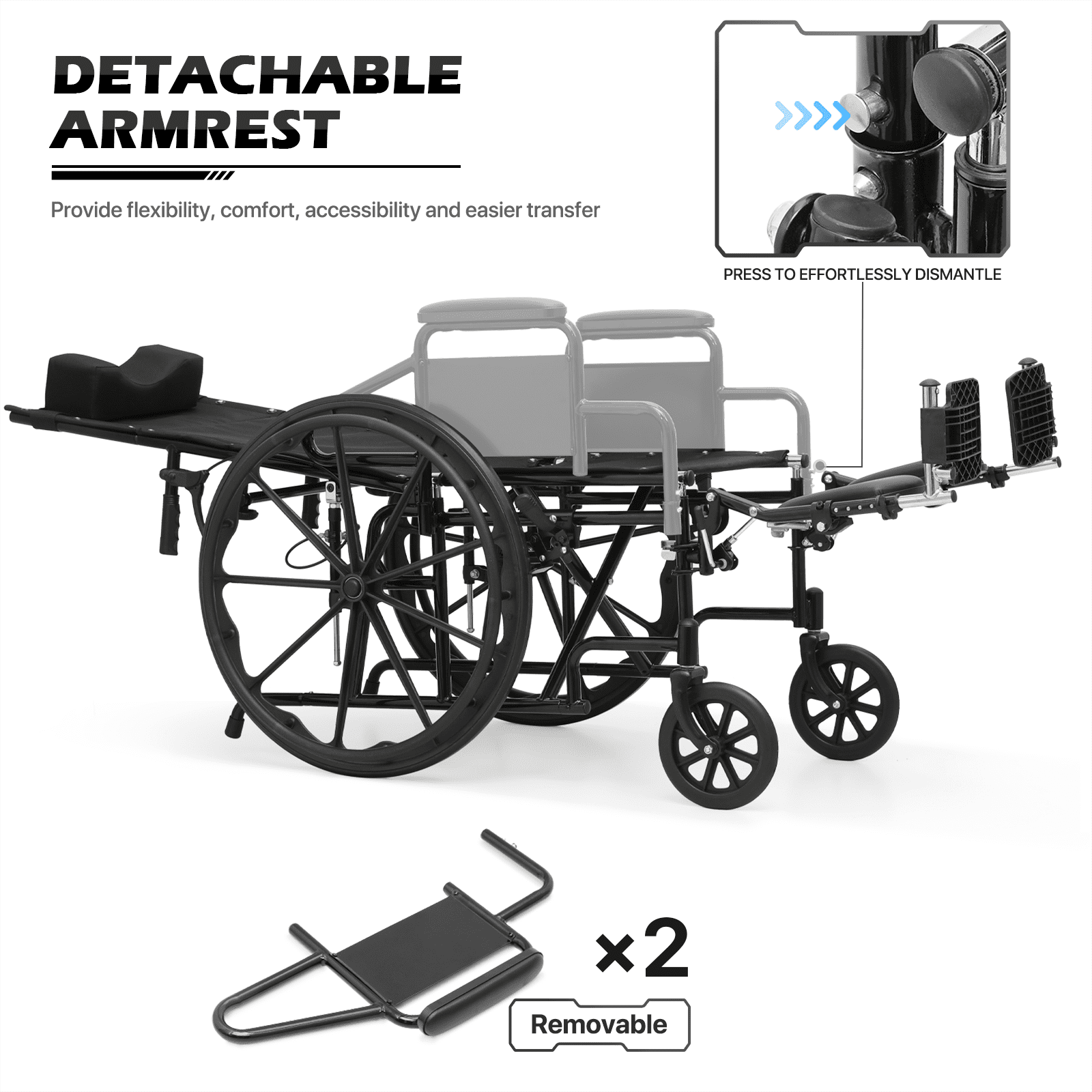 monicare *FDA APPROVED* Reclining Wheelchair with 24" Wheels, Recliner Folding Wheelchair with Swing Away Elevating Leg Rests, Detachable Armrests, Supports up to 300 lbs, Black