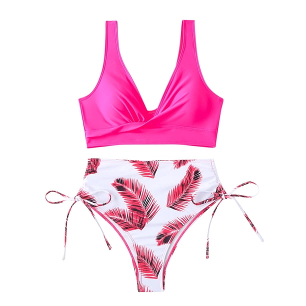 Traje de Baño de Dos Piezas para las Mujeres Impresión Hoja Sexy Estilo Dividido, Traje de Baño Conservador para la Piscina Y la Playa