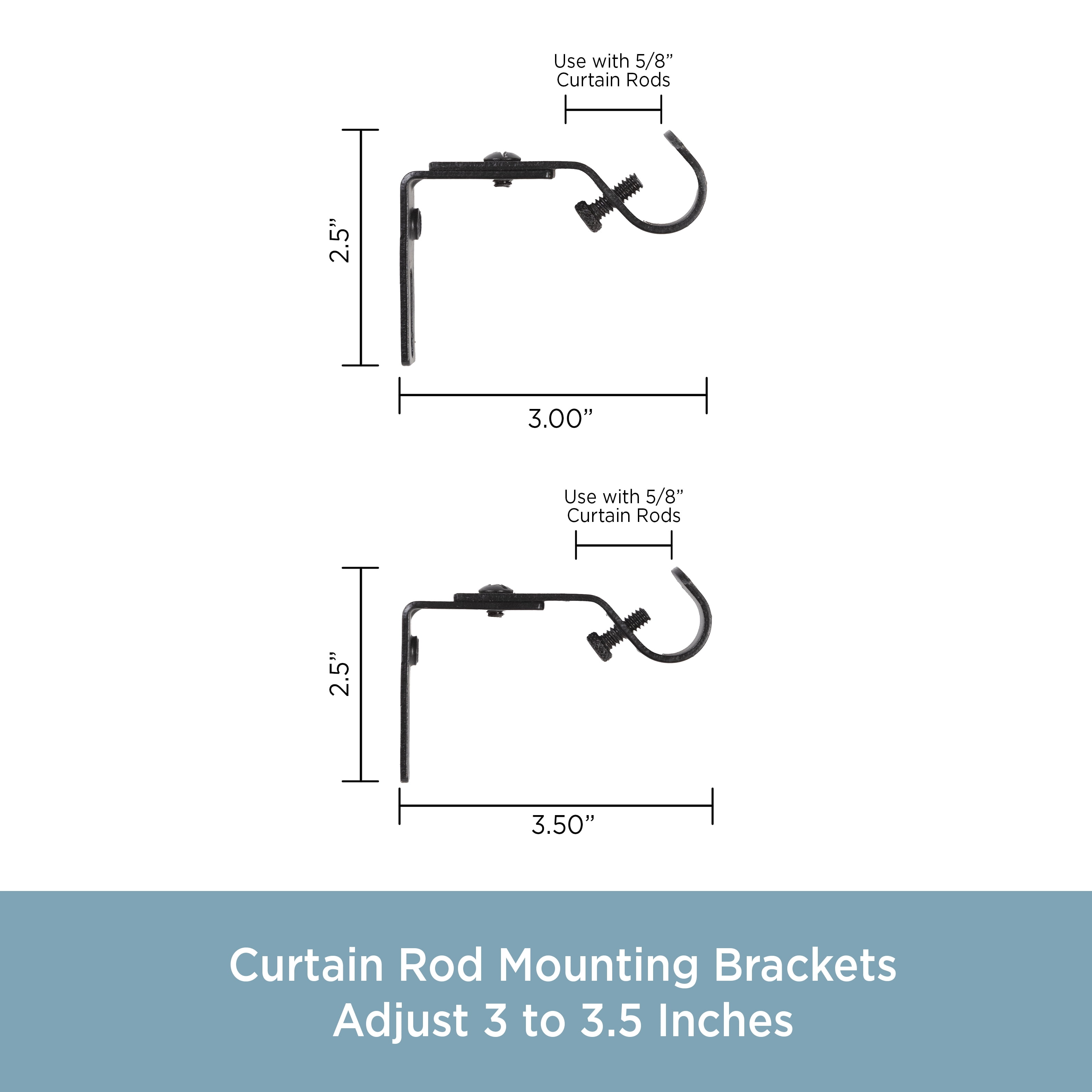 Kenney 5/8" Adjustable 3-3.5" Curtain Rod Mounting Brackets, Set of 2, Black