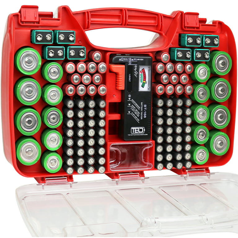 The Battery Organizer Storage Case with Hinged Clear Cover, Includes A Removable Battery Tester, Holds 180 Batteries Various Sizes Red
