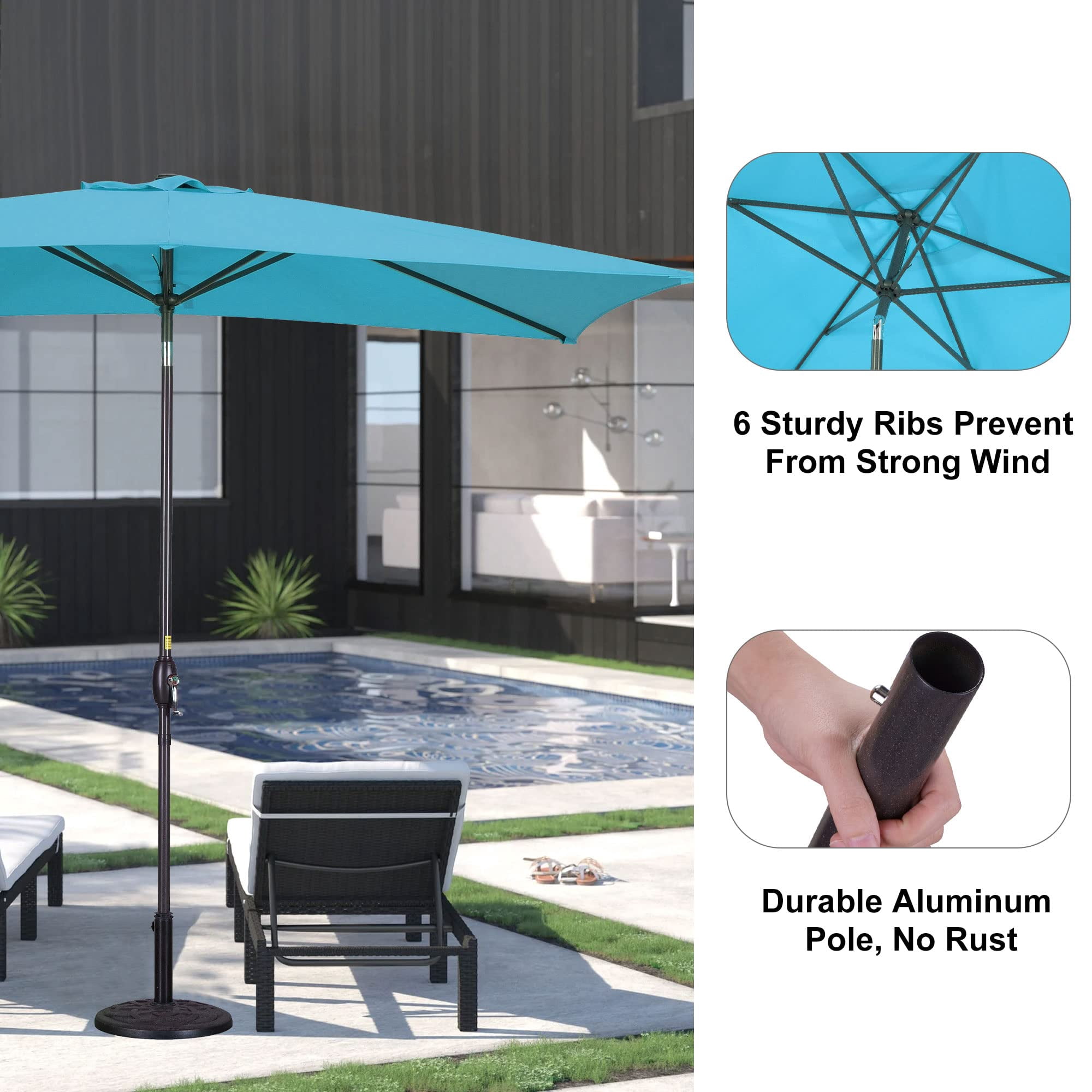 May in Color 6.5x10 ft Rectangular Patio Umbrella Outdoor Market Table Aluminum Pole Umbrella with Tilt and Crank 6 Sturdy Ribs for Deck Lawn Pool, Lake Blue
