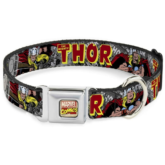 Marvel Comics Pet Collar, Dog Collar Metal Seatbelt Buckle, The Mighty Thor Action Poses, 9.5 to 13 Inches 1.0 Inch Wide