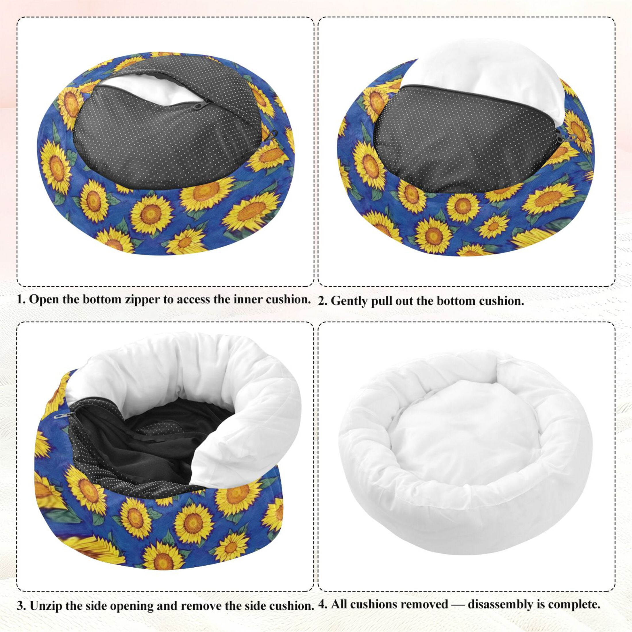 Iauyy Pet Couch Donut Cat Bed for Indoor Cats/Small Dogs Washable & Machine with Non-slip Bottom Calming Cat Furniture, Covered with Sunflowers (M)