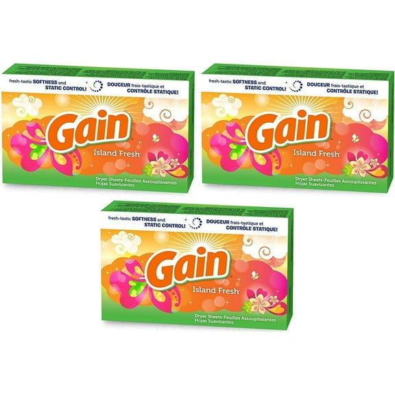 Gain Dryer Sheets - Island Fresh Scent - 34 Count Dryer Sheets Per Box - Pack of 3