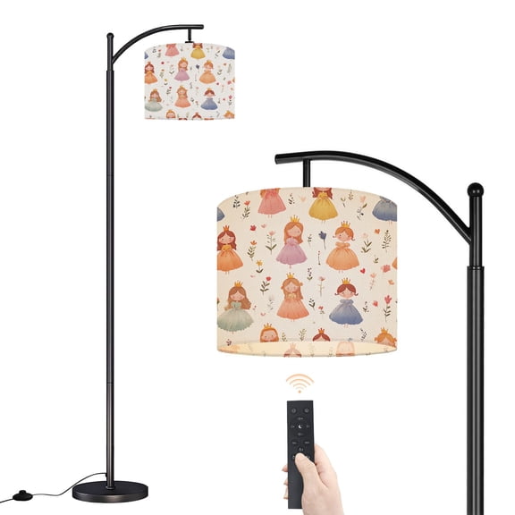 Arc Floor Lamp with Adjustable Lampshade Cute Princesses Crowns Floral Pastel Colors Standing Lamp 3 Color Temperatures Dimmable Tall Pole Lamp with Foot Switch for Bedroom