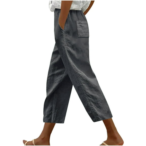 cocolona Womens Summer Casual Capri Pants with Pockets Elastic Waist Drawstring Straight Work Pants Beach Capri Pants