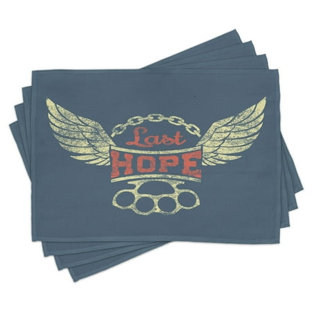 

Vintage Placemats Set of 4 Grunge Label Wings Chain Brass Knuckles Last Hope Quote for Bikers Washable Fabric Place Mats for Dining Room Kitchen Table Decor Slate Blue Red Pale Yellow by Ambesonne