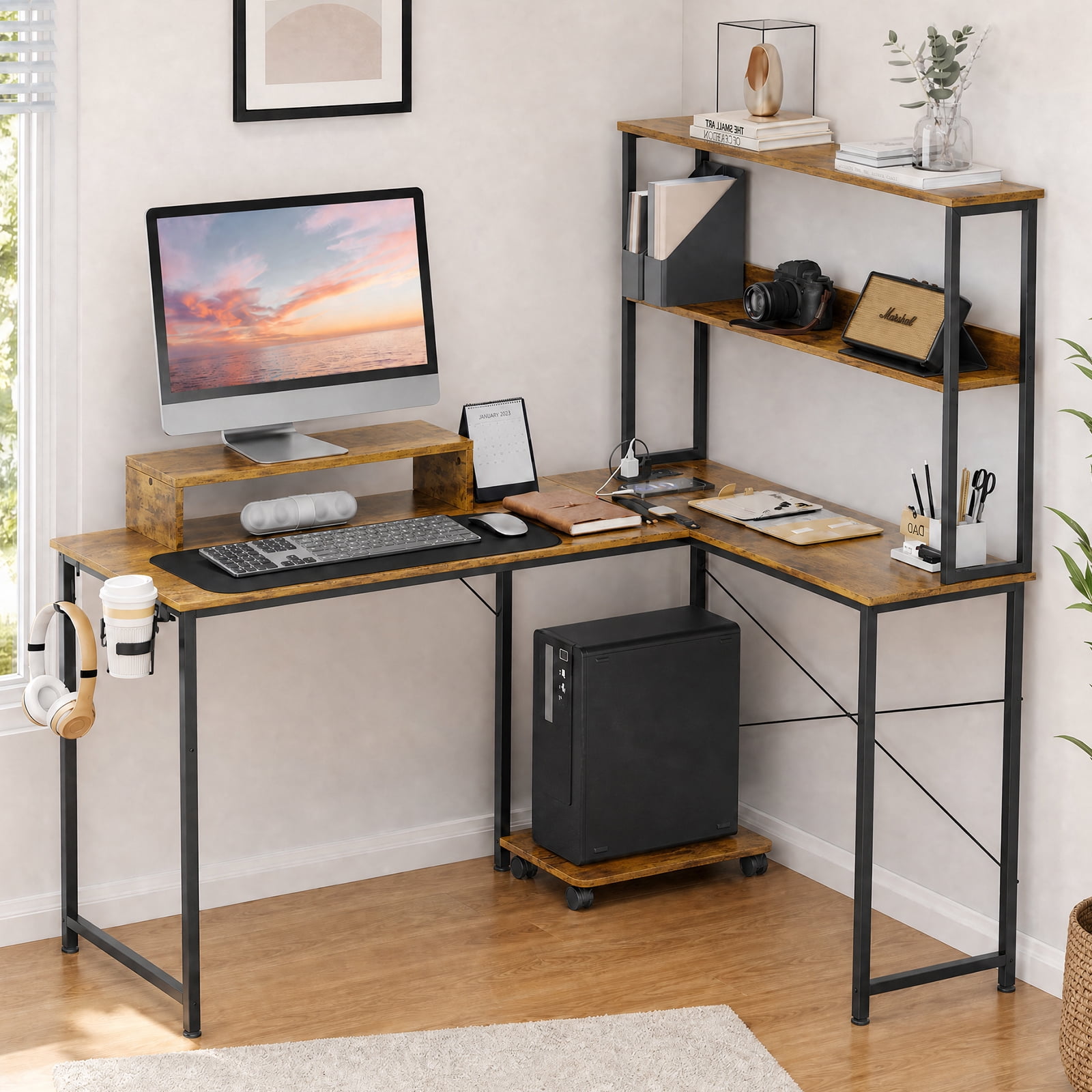 CLOUDREST PTO 53" L-Shaped Office Desk with Hutch & Power Outlets, Brown