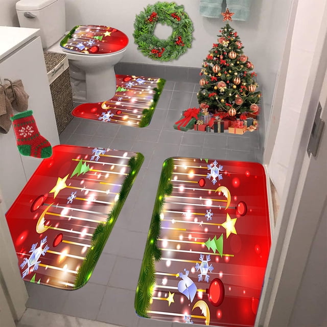 Fwttom Christmas Bathroom Rug Set 4 Pc Set with Snowman Christmas Tree Ornaments and Snowflake Washable Non Slip Absorbent Easy Care Holiday Decor for Bathroom
