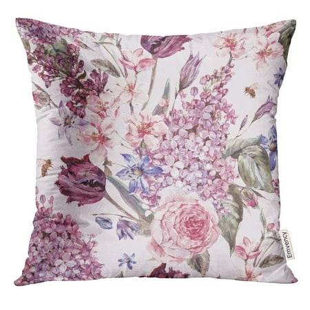 - ARHOME Shabby Garden Watercolor Spring with Pink Flowers Blooming Branches of Peach Pear Lilacs Tulips Scilla Pillow Case 16x16 Inches Pillowcase