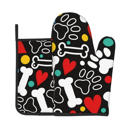 

Oven Mitts And Pot Holders 2 Pcs Set High Heat Resistant Degree Extra Thicken Long Kitchen Oven Glove For Kitchen Baking Grilling Non-Slip Cooking Mitts Paw Prints Bones Hearts Funny Childrens