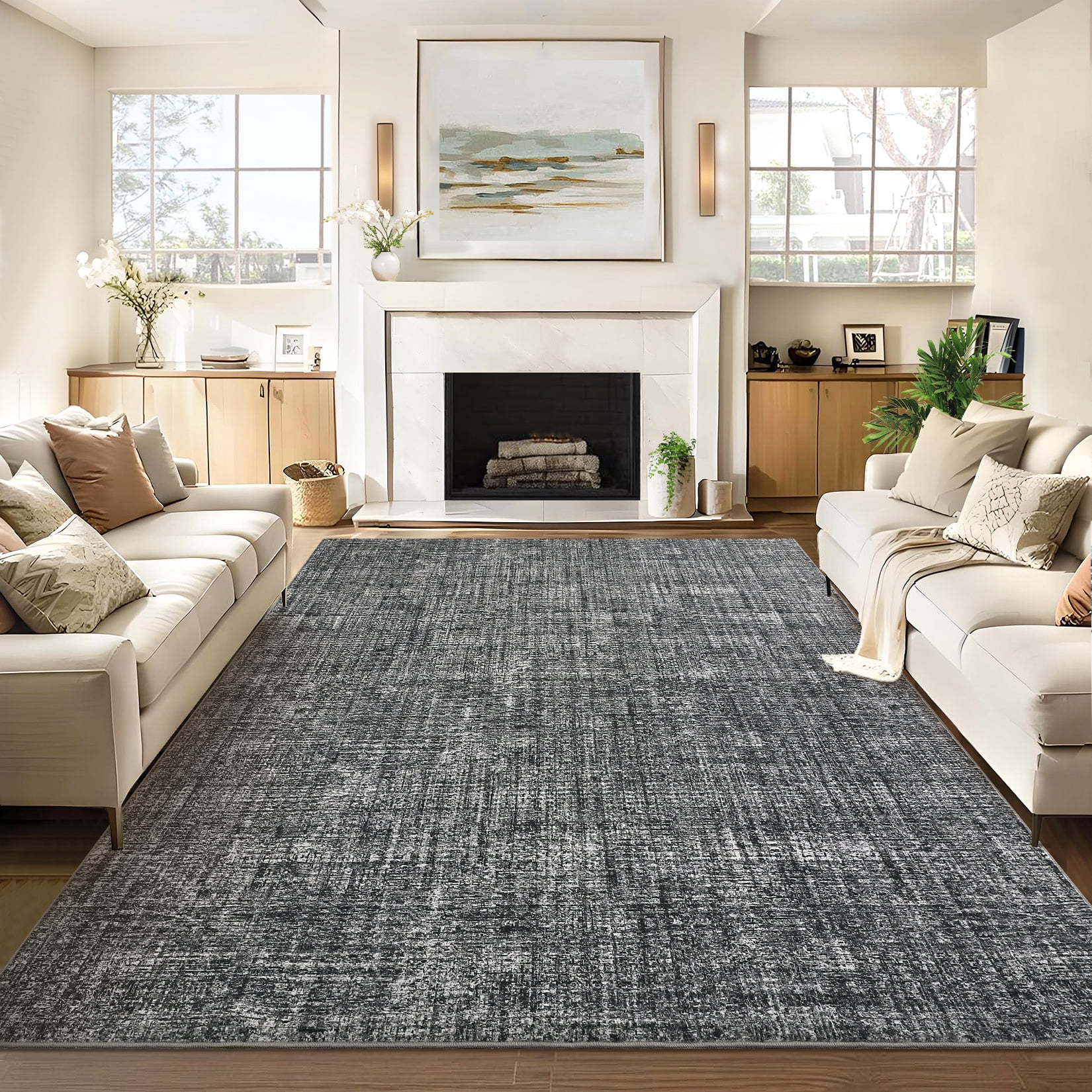 Senfot 8x10 Solid Area Rug Washable Non-Slip Stain Resistant Low Pile Soft Foldable for Living Room Bedroom Office Dark Gray