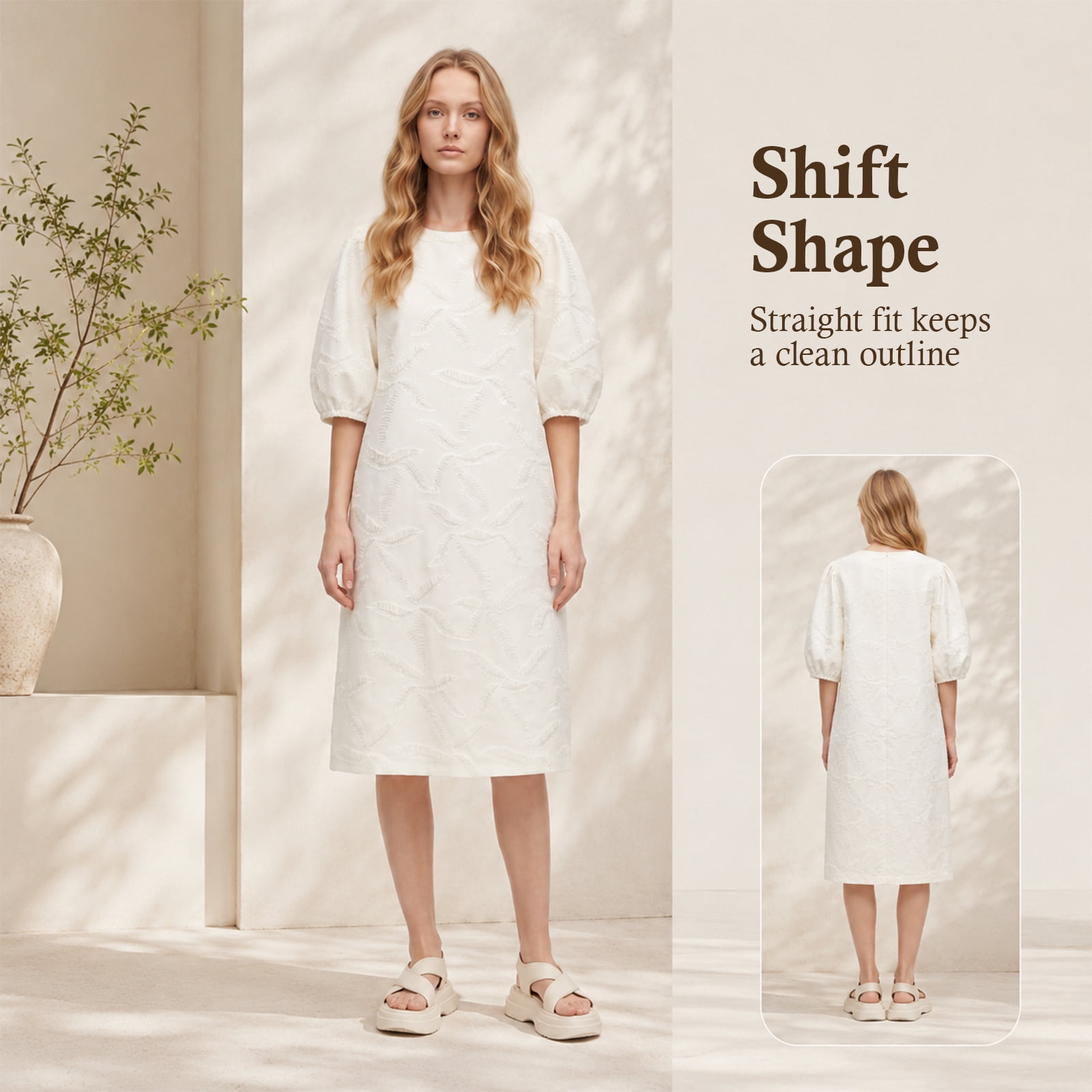 Alvantor Women's Puff Sleeve Jacquard Shift Dress, White