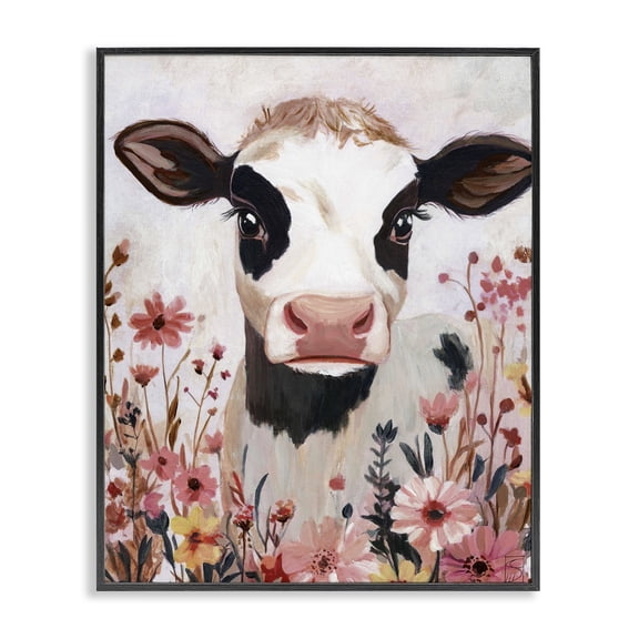 Stupell Industries Cottage Cow and Pink Wild Flowers Black Framed Giclee Art, 11 x 14, by Sara Culpepper