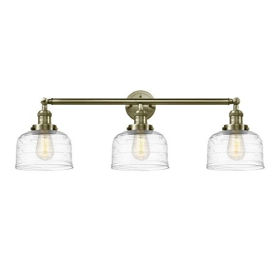 Innovations Lighting Bell 3 Light 32" Bath Vanity Light Antique Brass/Clear Deco Swirl