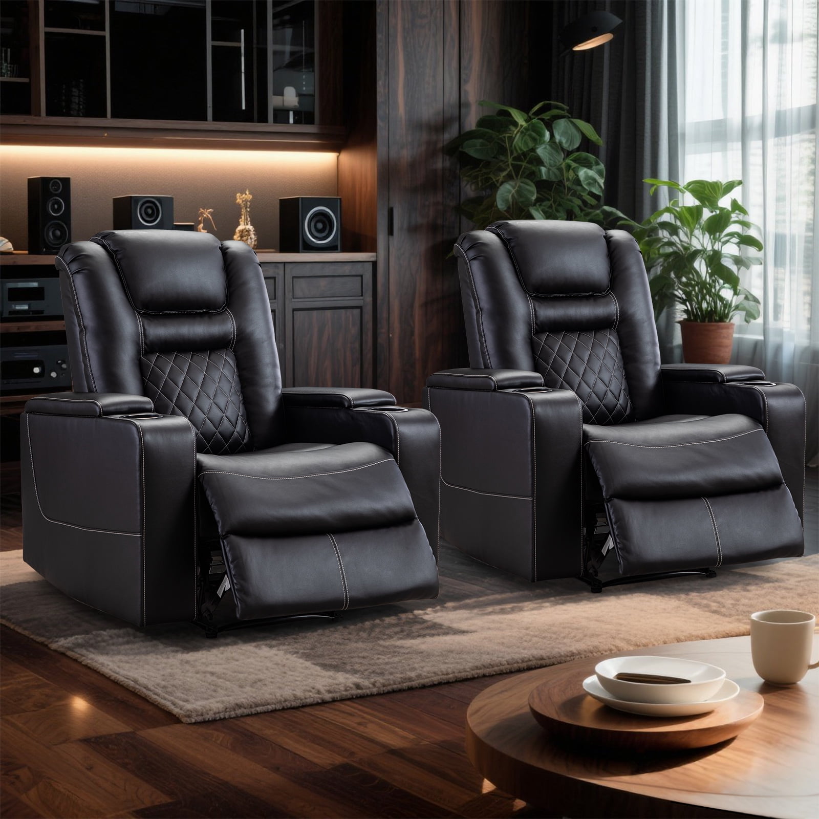 Bonzy Home Power Electric Recliner Chair Set of 2 with USB Ports and Cup Holders Leather Home Theater Seating, Living Room Chair Black