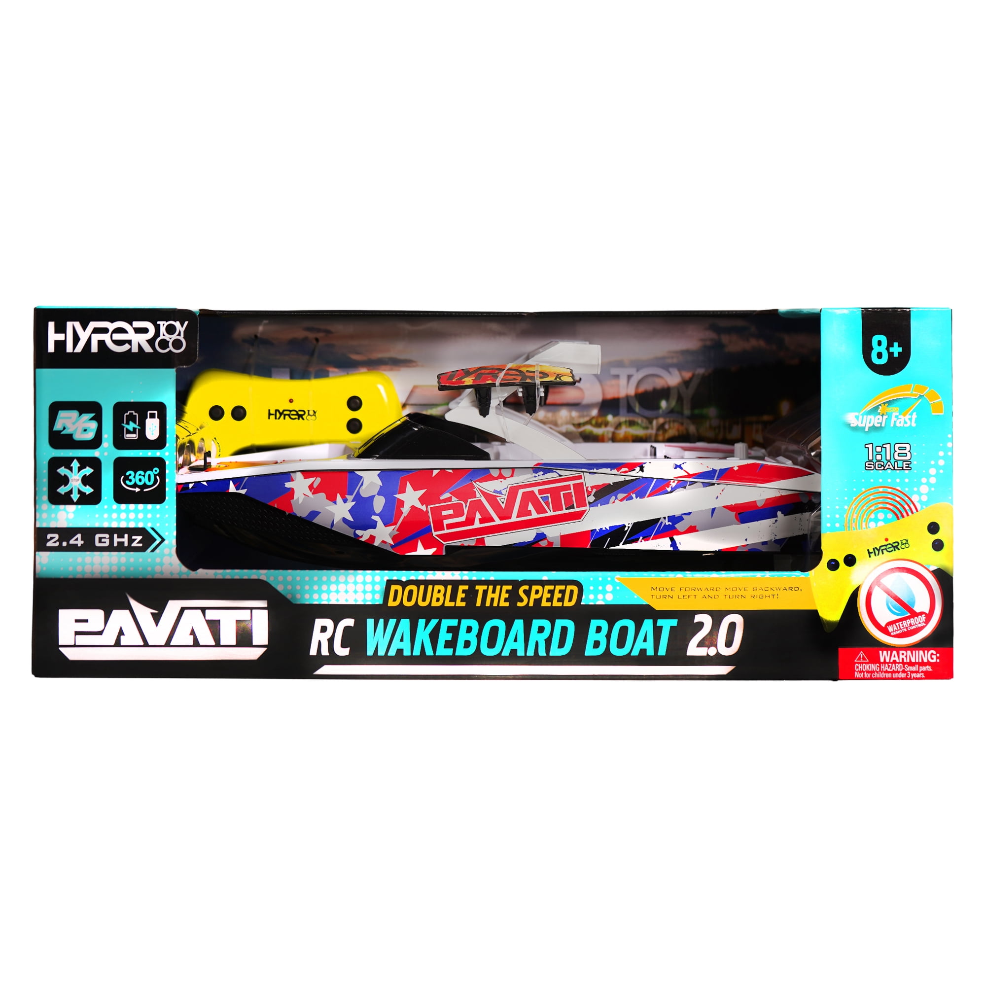 Hyper Toy Company, Pavati 2.0 RC Wakeboard Boat, 1:18 Scale with Remote and Battery, Stars/Stripes