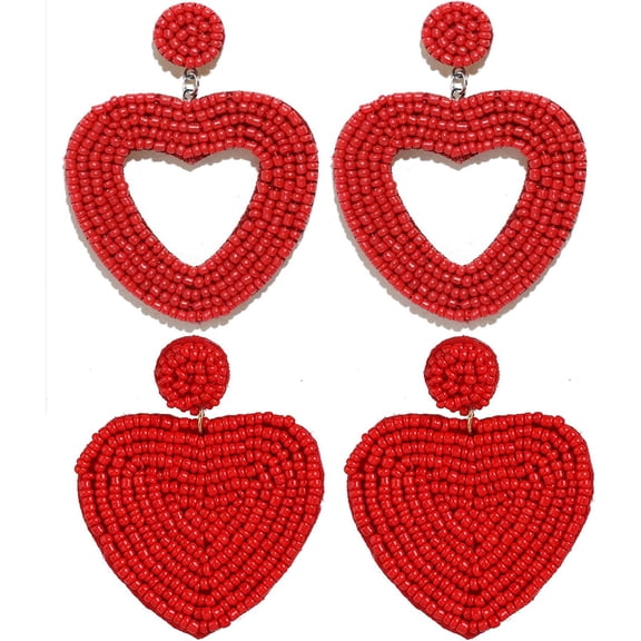 2 Pairs Handmade Seed Bead Love Heart-shaped Statement Exaggerate Colorful Dangle Drop Earrings Set Bohemian Valentine's Day Festival Jewelry for Women