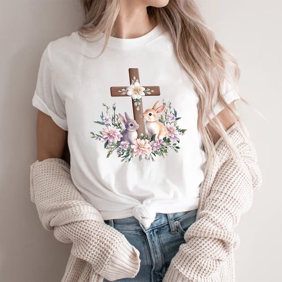 qelini Easter Bunny Shirt for Women Crew Neck Short Sleeve Teen Bunny and Egg Print T-Shirt Casual Summer Top
