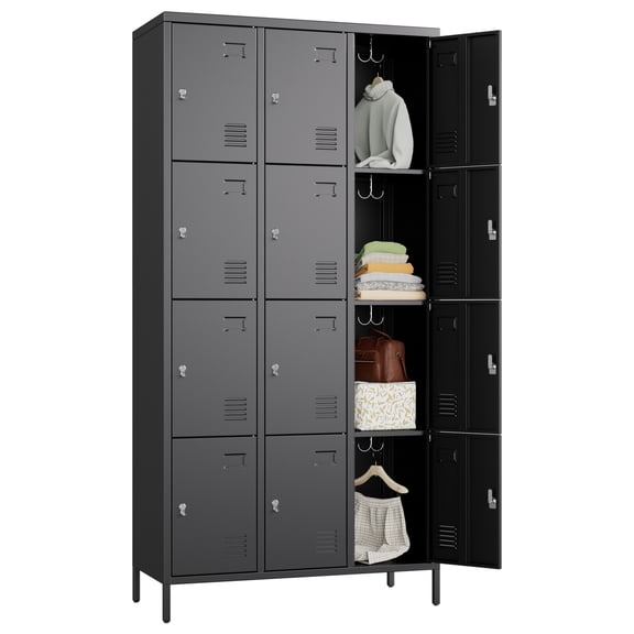 Aobabo Metal Storage Lockers for Employees, Steel Locker with 12 Door Lockable,Industrial Black Storage Locker Cabinet for Gym,School,Office,Assembly Required,72''H*35.43''W*15.75''D