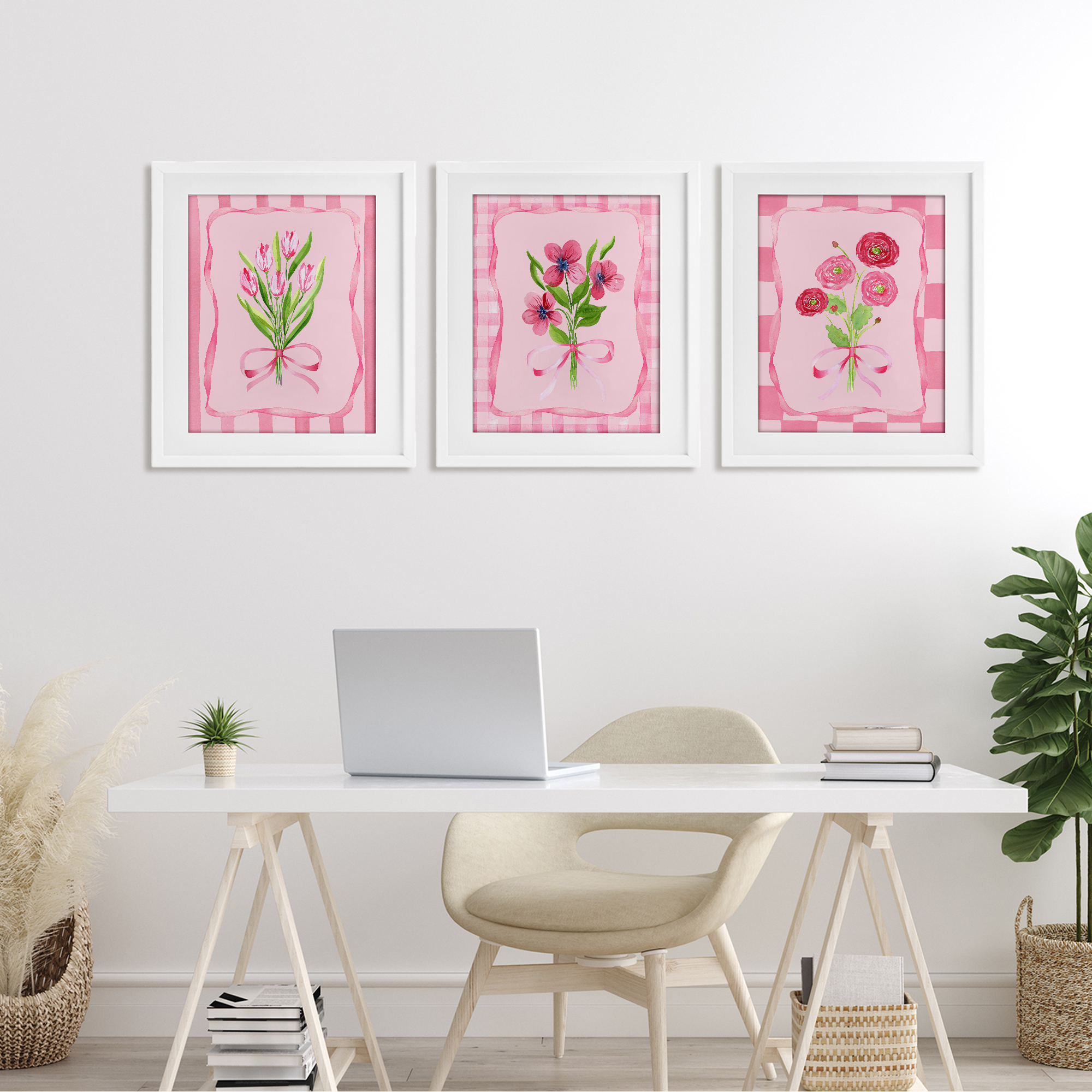 Pretty & Sweet Bordered Flowers 3 Piece White Framed Print Under Glass Set, design by Nina Jacobs