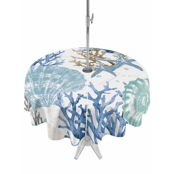 Outdoor Table Cloth with Umbrella Hole and Zipper, Blue Teal Coastal Waterproof Round Tablecloth 54 Inch, Summer Beach Nautical Coral Starfish Washable Table Cover for Outside Party Patio Picnic