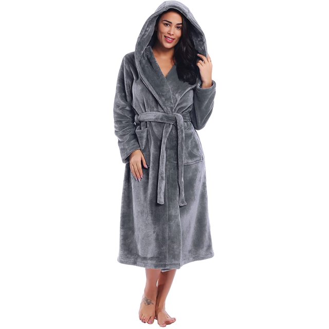 Women Plush Fleece Robe Long Warm Bathrobe Shawl Collar/Hood
