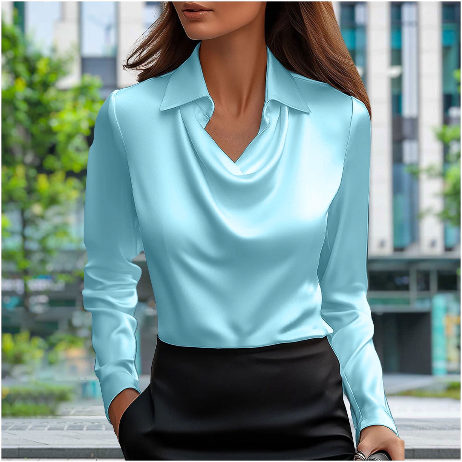 Soki Women's Satin Collar Neck Drape Ruched Front Long Sleeve