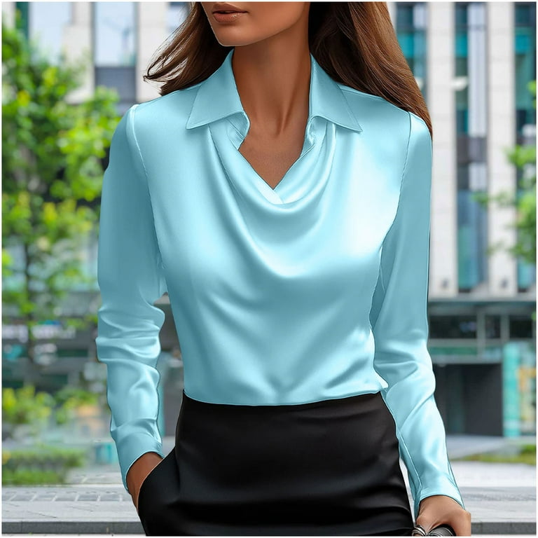RYRJJ Women's Elegant Cowl Neck Satin Blouse Long Sleeve