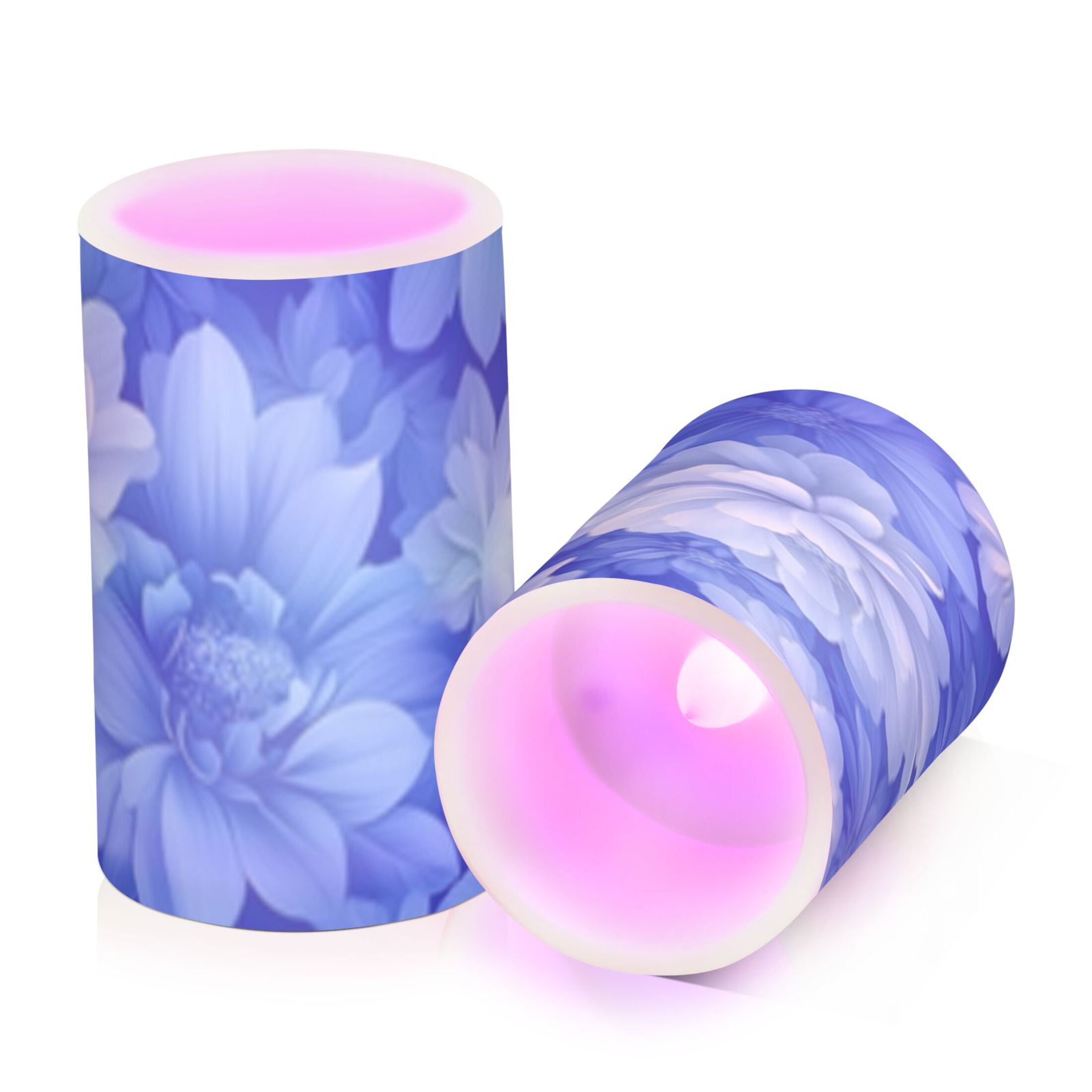 Elegant Blue Flower Flickering Flameless Candles Battery Operated with Remote Timer LED Pillar Candles Set of 2